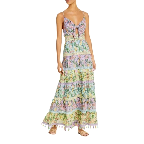 Alice + Olivia Karolina Tie Front Maxi Dress in Coastal Gardens Lavender Size 12 - Picture 2 of 15